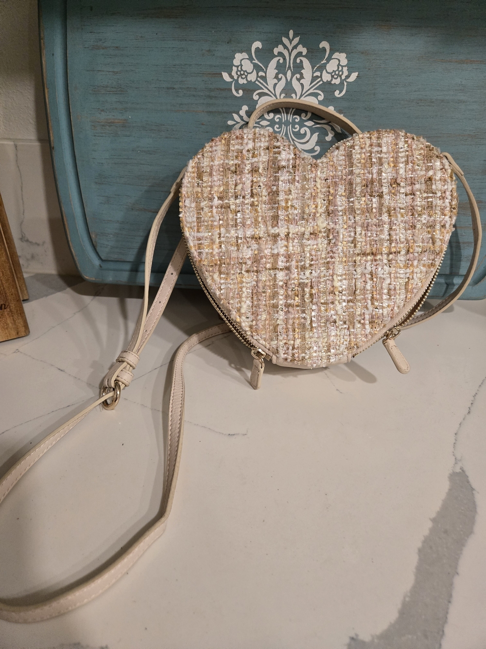 LC Lauren Conrad Heart-Shaped Tweed Shoulder Bag in Cream and Pink